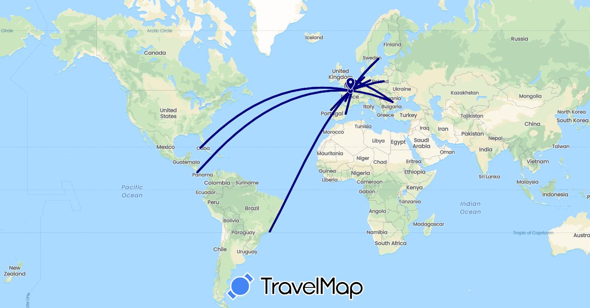 TravelMap itinerary: driving in Brazil, Costa Rica, Cuba, Germany, Spain, France, United Kingdom, Netherlands, Poland, Portugal, Romania, Sweden (Europe, North America, South America)