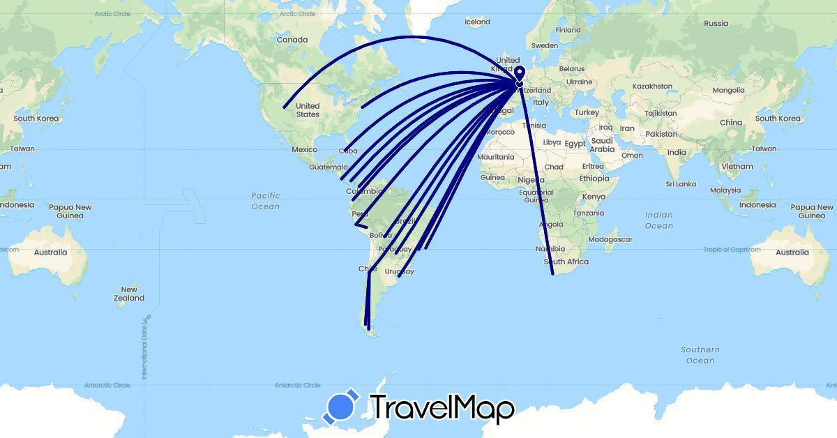 TravelMap itinerary: driving in Bolivia, Brazil, Chile, Colombia, Costa Rica, Cuba, Ecuador, France, Panama, Peru, United States, Uruguay, South Africa (Africa, Europe, North America, South America)