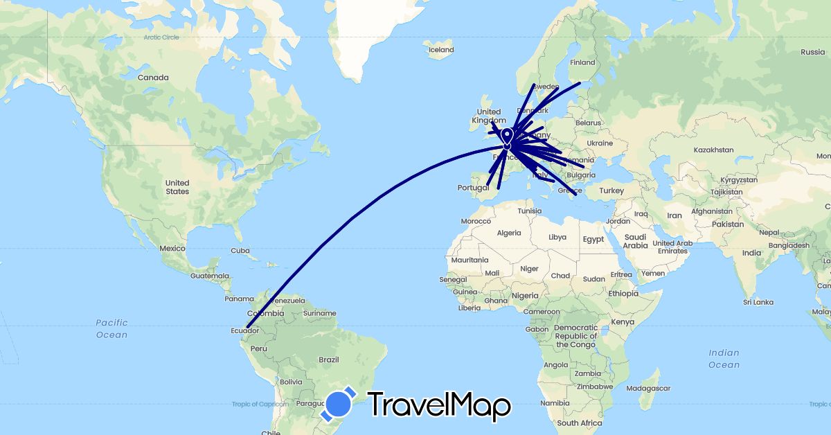 TravelMap itinerary: driving in Austria, Czech Republic, Germany, Ecuador, Spain, Finland, France, United Kingdom, Greece, Croatia, Hungary, Italy, Netherlands, Norway, Romania, Serbia, Sweden (Europe, South America)