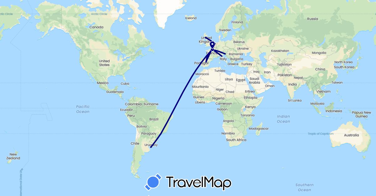 TravelMap itinerary: driving in Brazil, Spain, France, United Kingdom, Italy, Netherlands, Slovenia, Uruguay (Europe, South America)
