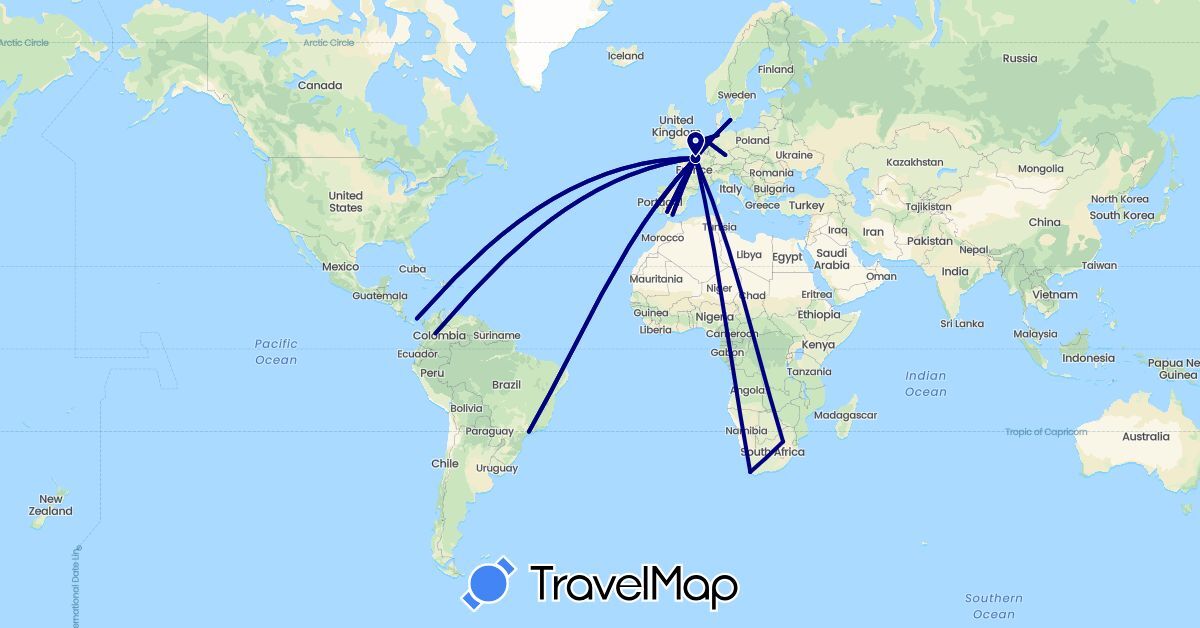 TravelMap itinerary: driving in Brazil, Colombia, Germany, Denmark, Spain, France, Netherlands, Panama, Portugal, South Africa (Africa, Europe, North America, South America)