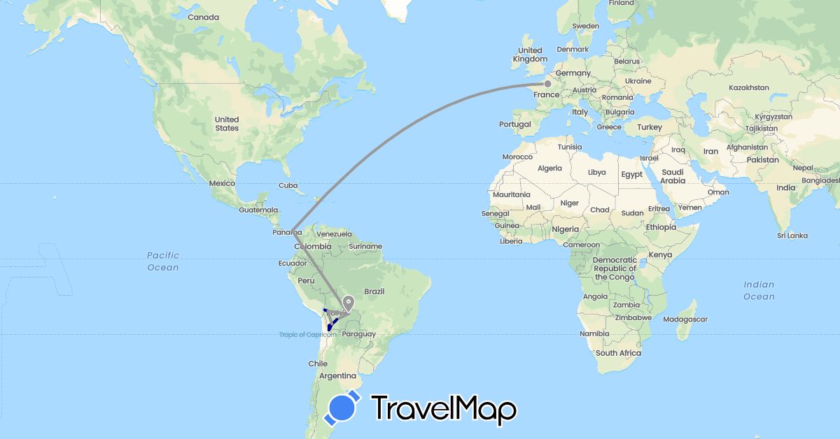 TravelMap itinerary: driving, plane in Bolivia, France, Panama (Europe, North America, South America)